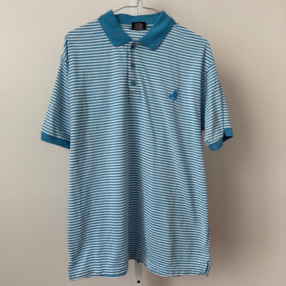 Pacific Polo Club Mens XL Blue White Stripe Golf Polo Shirt Preppy Clean Classic